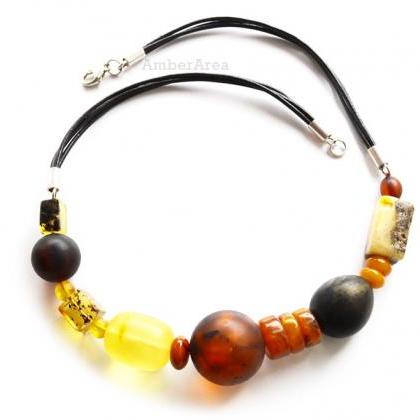 Amber Necklace With Leather, Leather Necklace,..