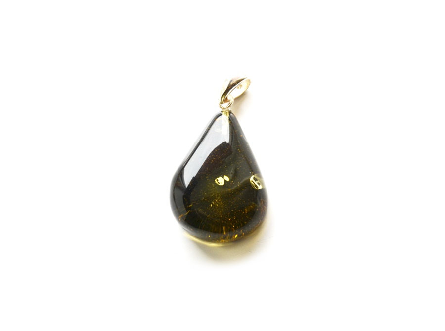 Green Dark Baltic Amber Pendant Jewelry With Sterling Silver 925. Genuine Polished Drop Shaped Amber Pendant For Women, Teens, 0497