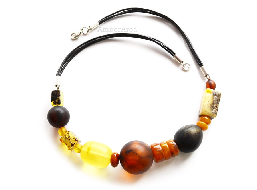 Amber Necklace With Leather, Leather Necklace, Baltic Amber Beads, Natural Amber, Unique Necklace, (leather_6)